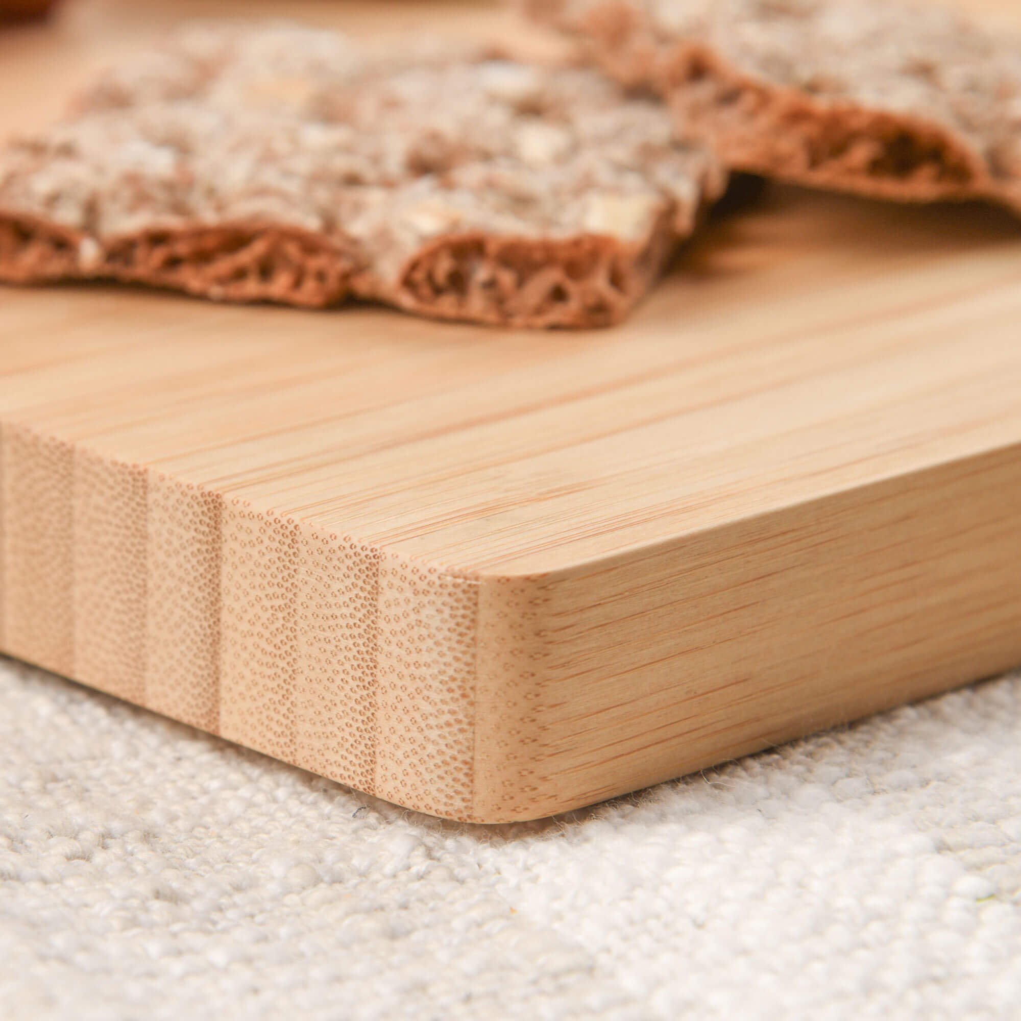 Closeup of corner of bamboo cutting board
