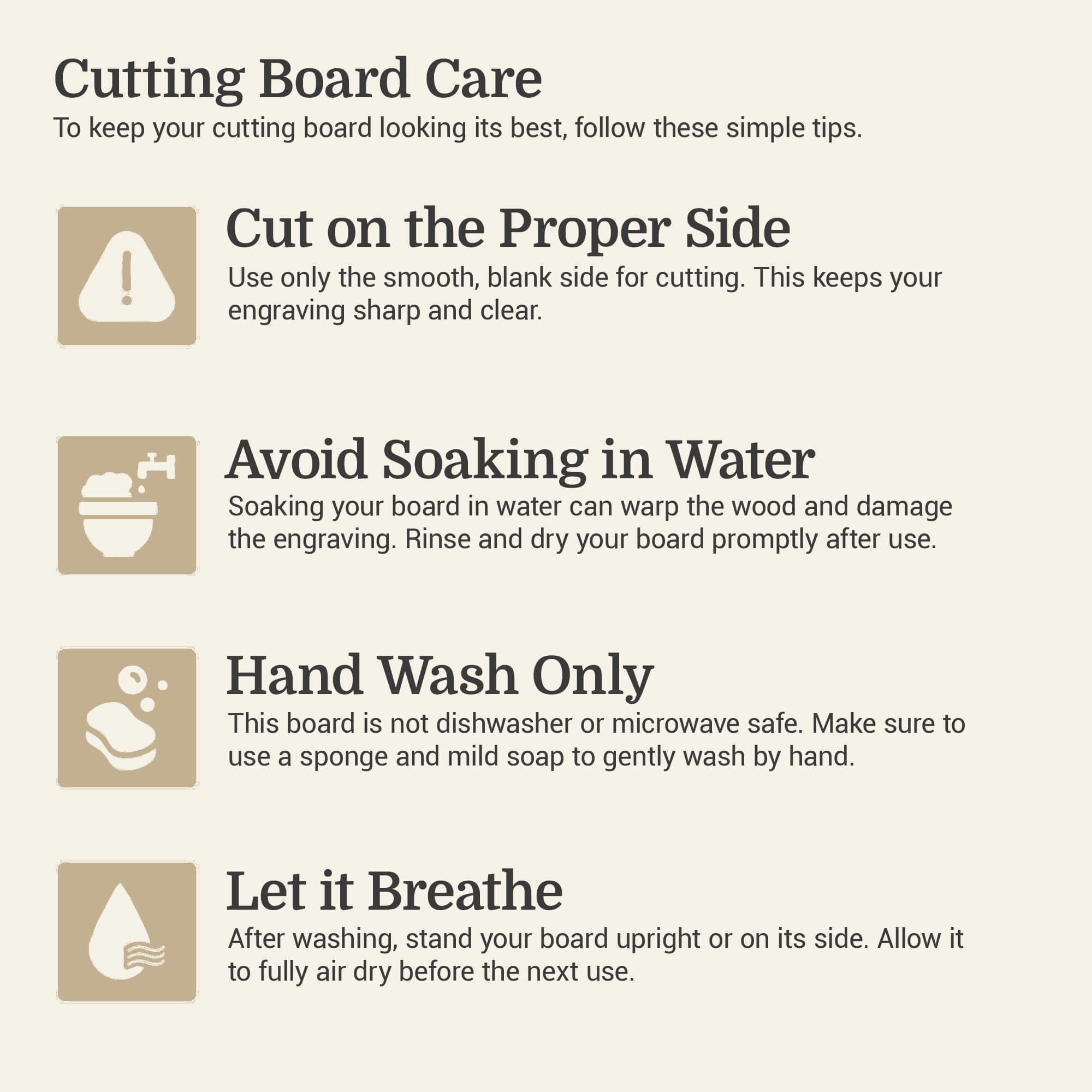 Four-step cutting board care graphic: cut correct side, avoid soaking, gentle hand wash, stand to breathe and dry