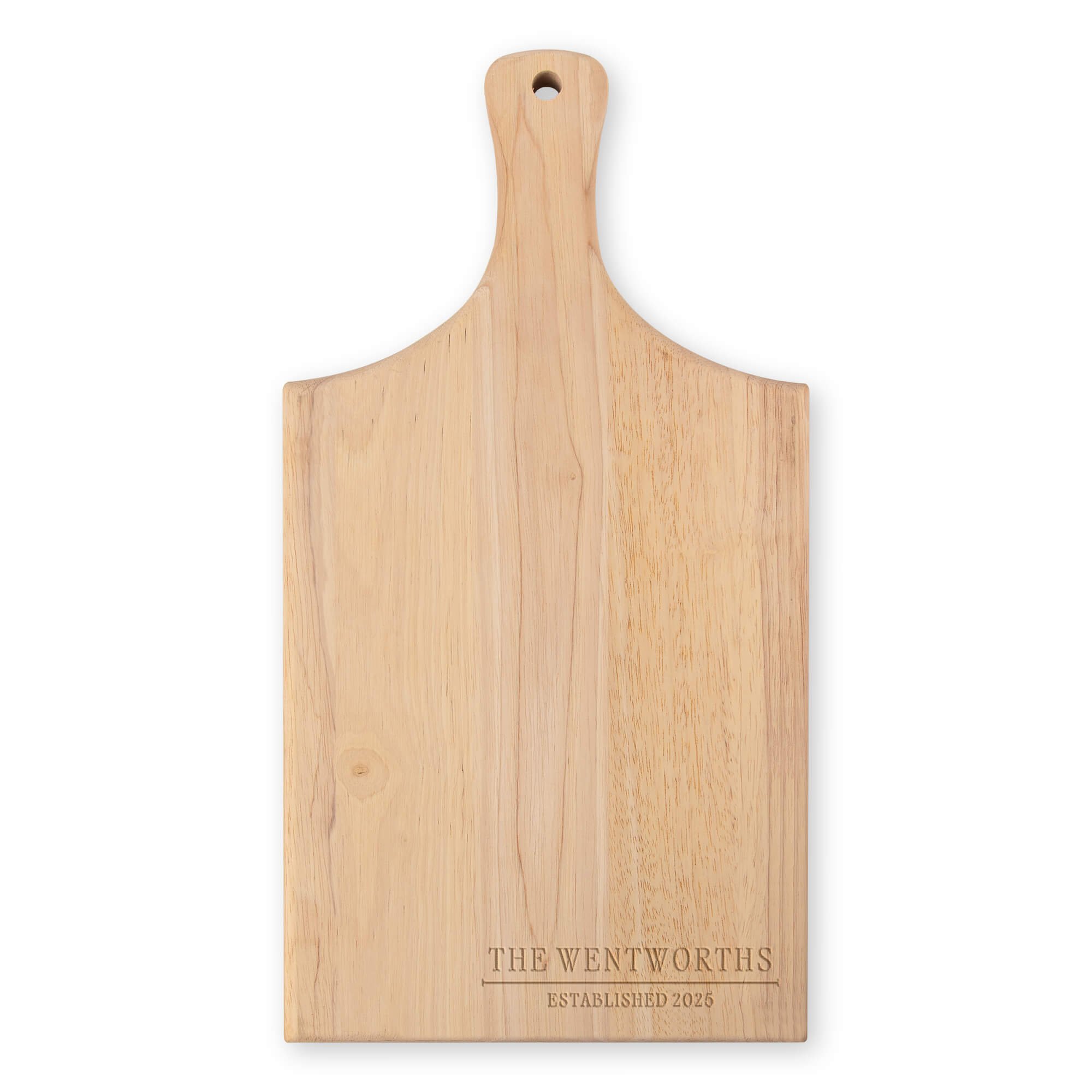 Personalized Paddle Charcuterie Board with Family Name and Year on white background