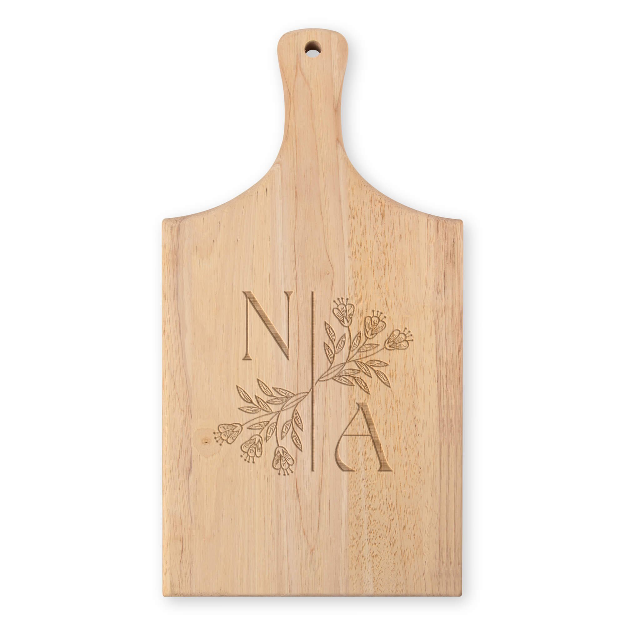 Center Monogram Bamboo Paddle Cutting Board on white background