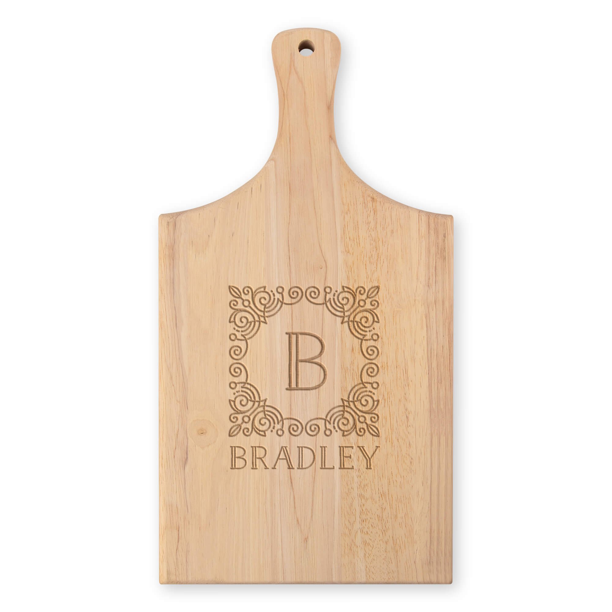 Square Frame Monogram Rubberwood Paddle Cutting Board Personalized Engraving on white background