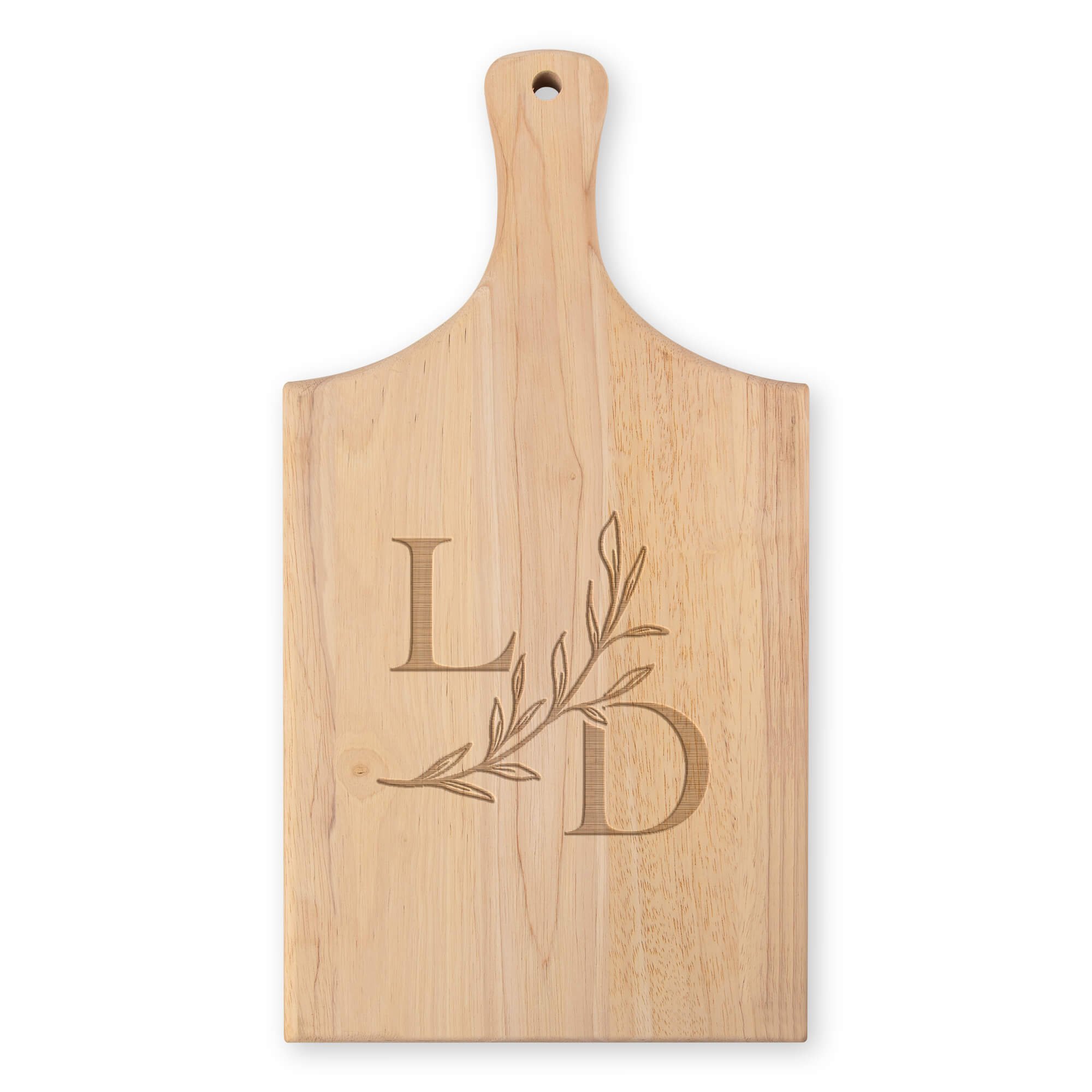 Serif Leaf Monogram Rubberwood Paddle Cutting Board Custom Engraved on white background