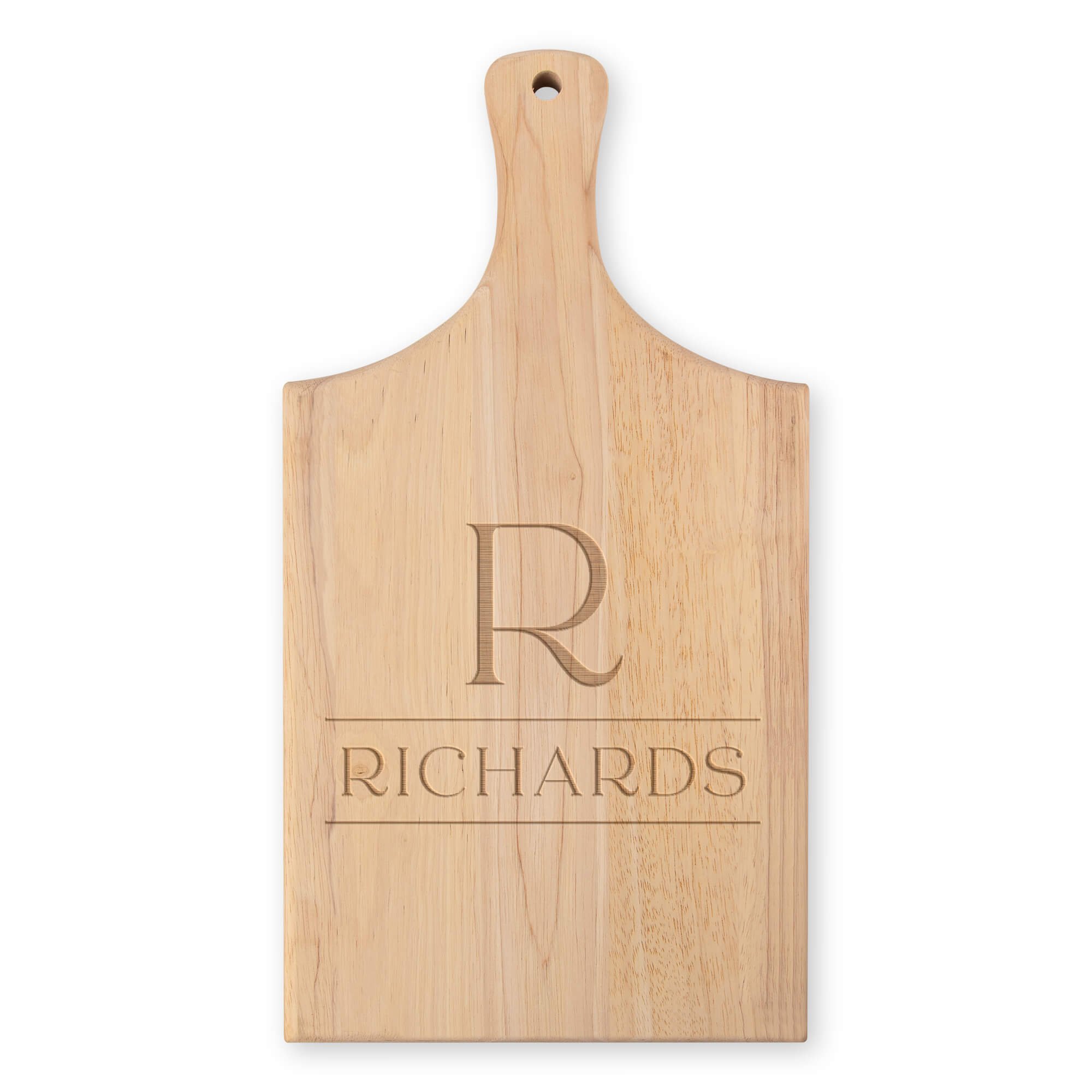 Personalized Paddle Monogram Cutting Board with Family Name on white background