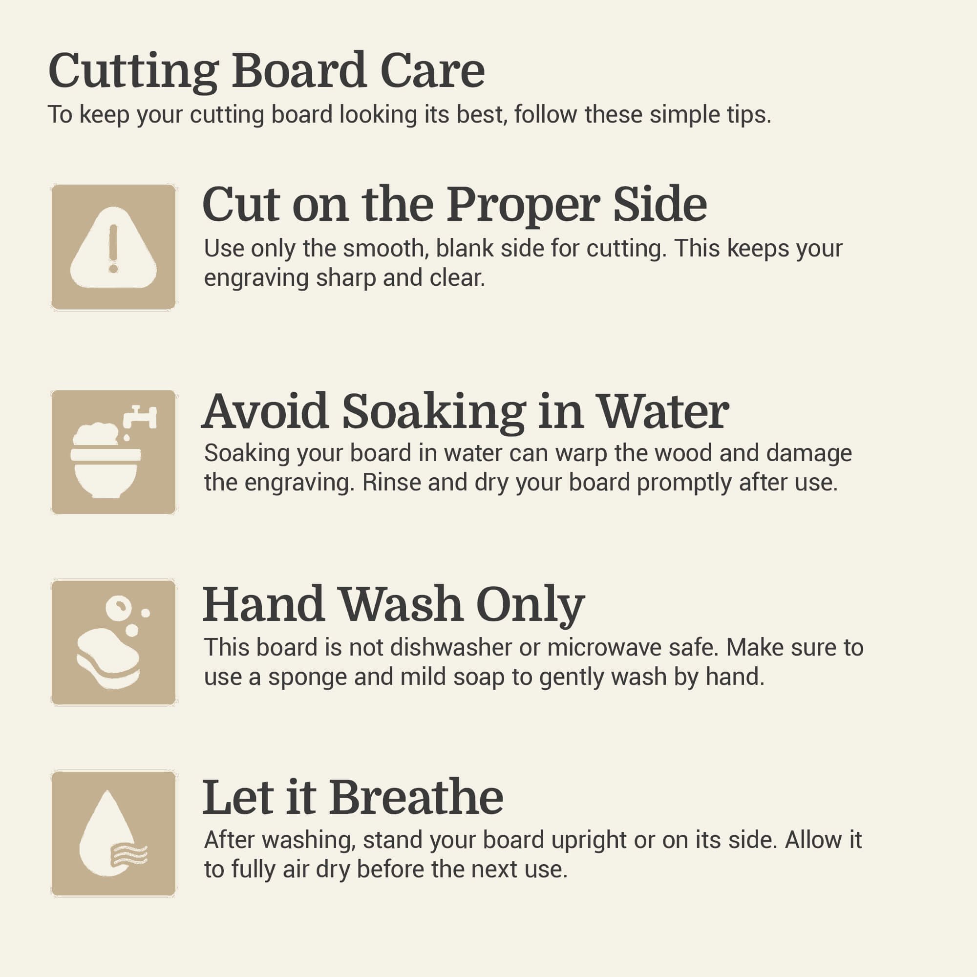 Cutting board care infographic with four tips: cut on the proper side, avoid soaking in water, hand wash only, and let it breathe. Each tip includes a small tan icon representing safety, washing, soap, and drying.