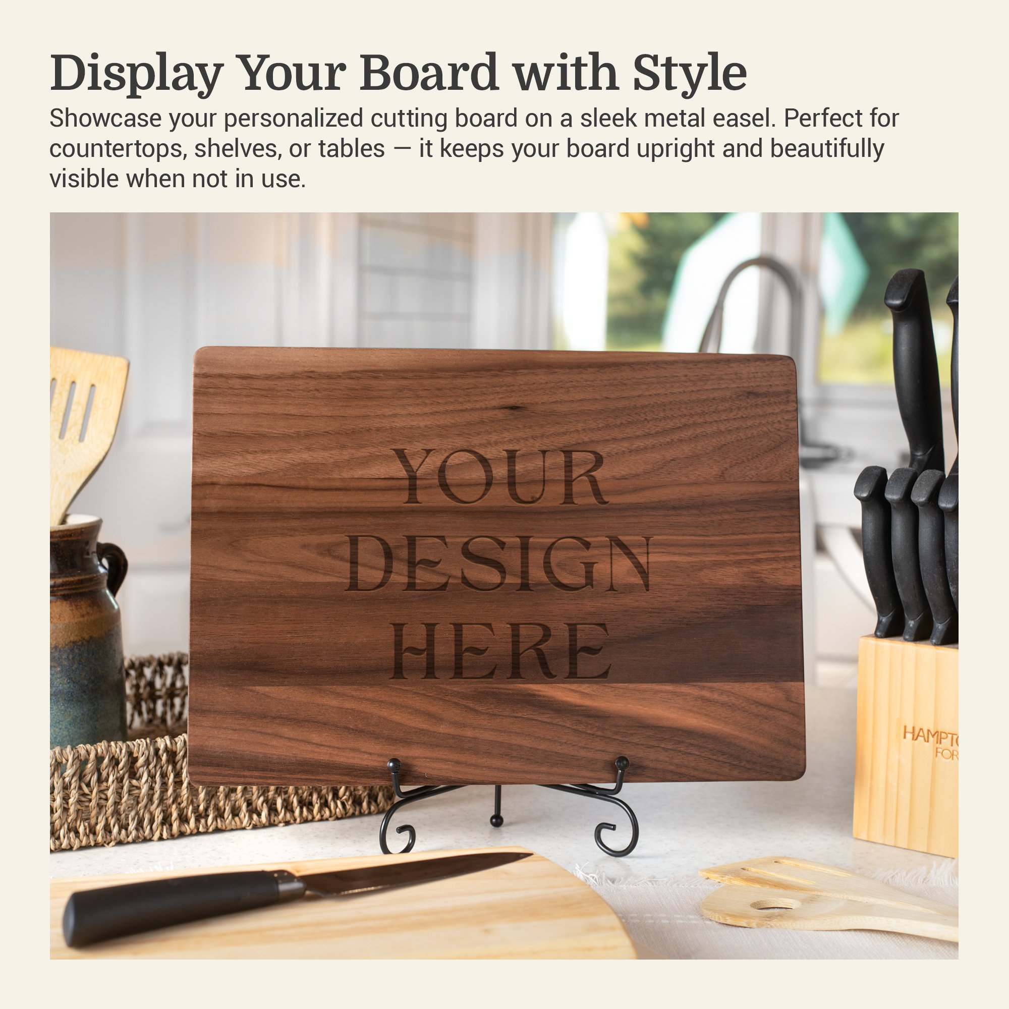 Infographic of a cutting board on a metal easel explaining the benefits of displaying your cutting board with style