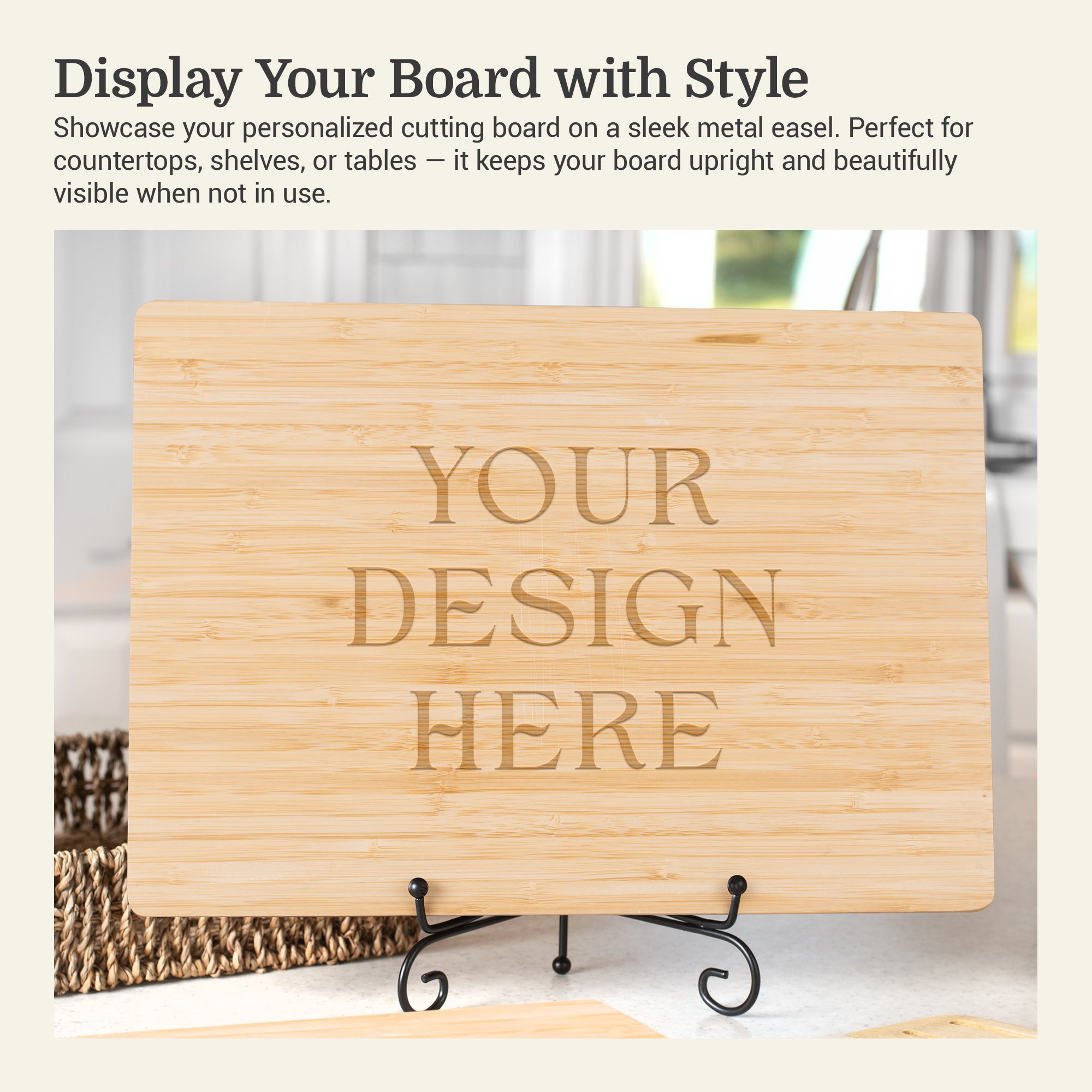 Infographic of a maple cutting board on a metal easel explaining the benefits of displaying your cutting board with style
