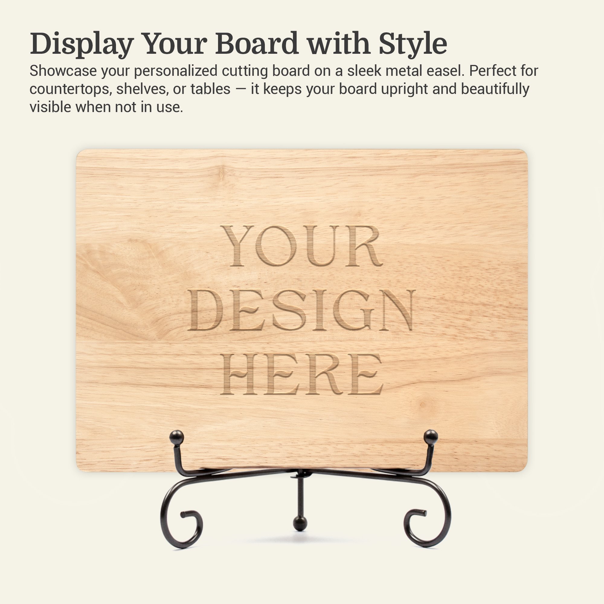 Infographic of a maple cutting board on a metal easel explaining the benefits of displaying your cutting board with style