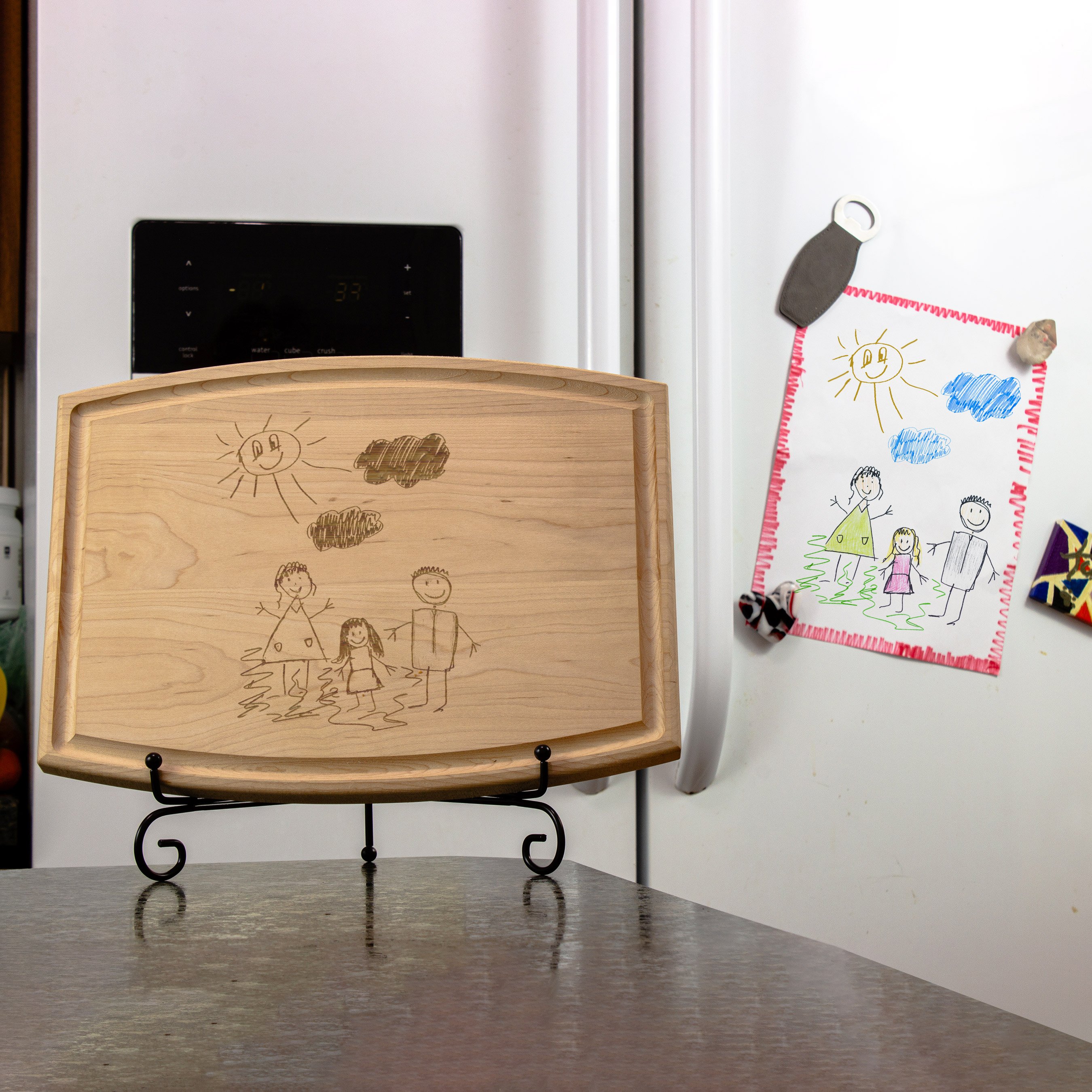 Medium Custom Cutting Board on Metal Easel Displayed in a Kitchen