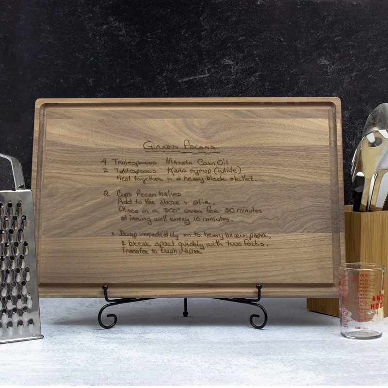 Large Custom Cutting Board on Metal Easel Displayed in a Kitchen