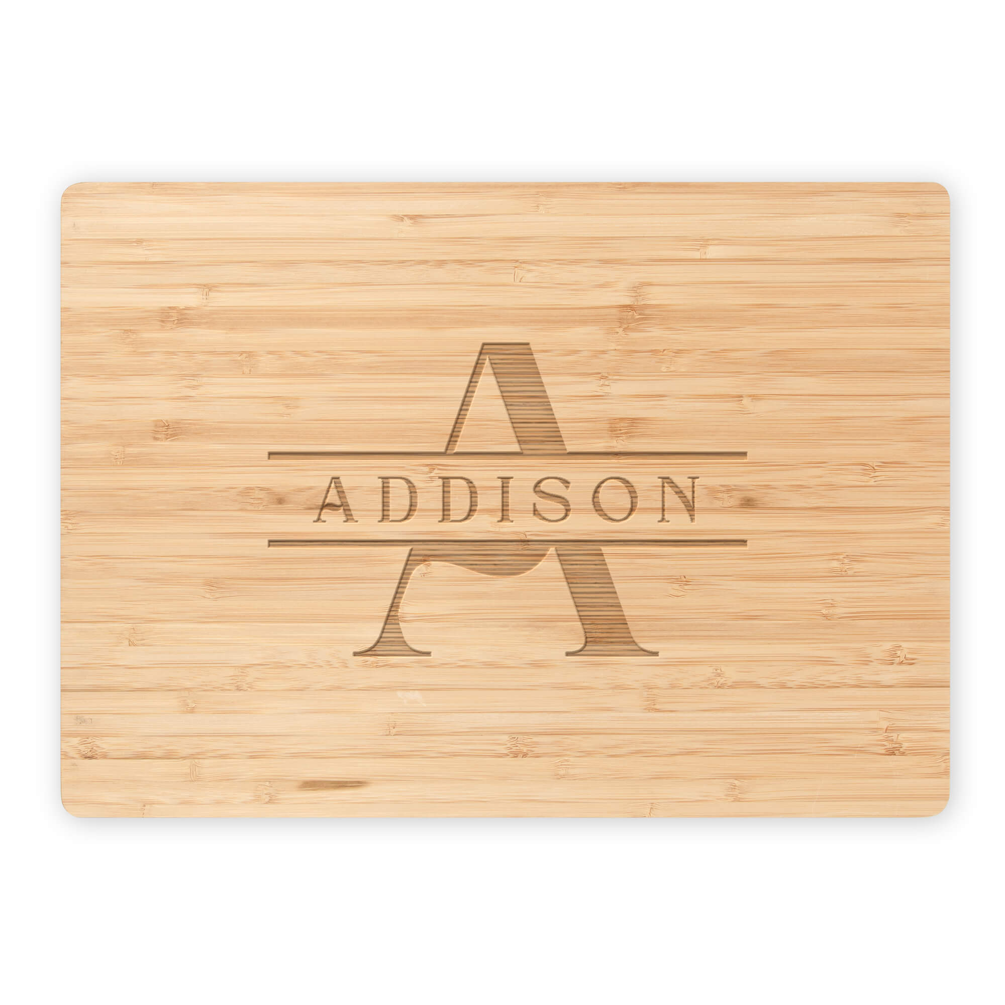 Bamboo cutting board with classic A and ADDISON monogram on white background