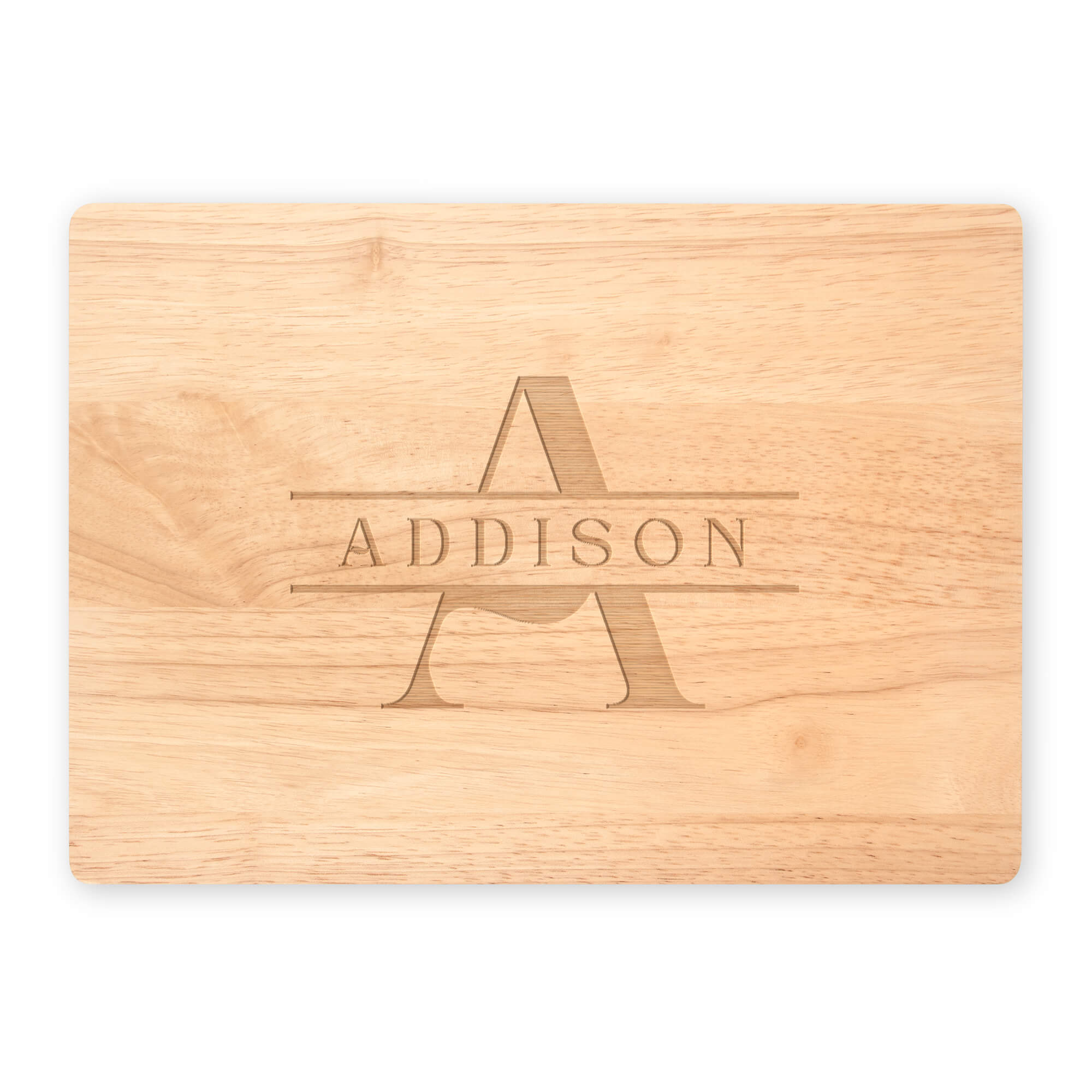 Maple cutting board with classic A and ADDISON monogram on white background