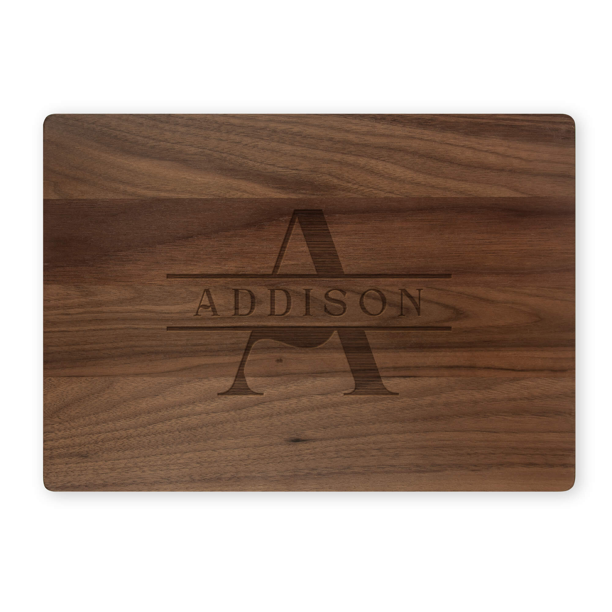 Walnut cutting board with classic A and ADDISON monogram on white background