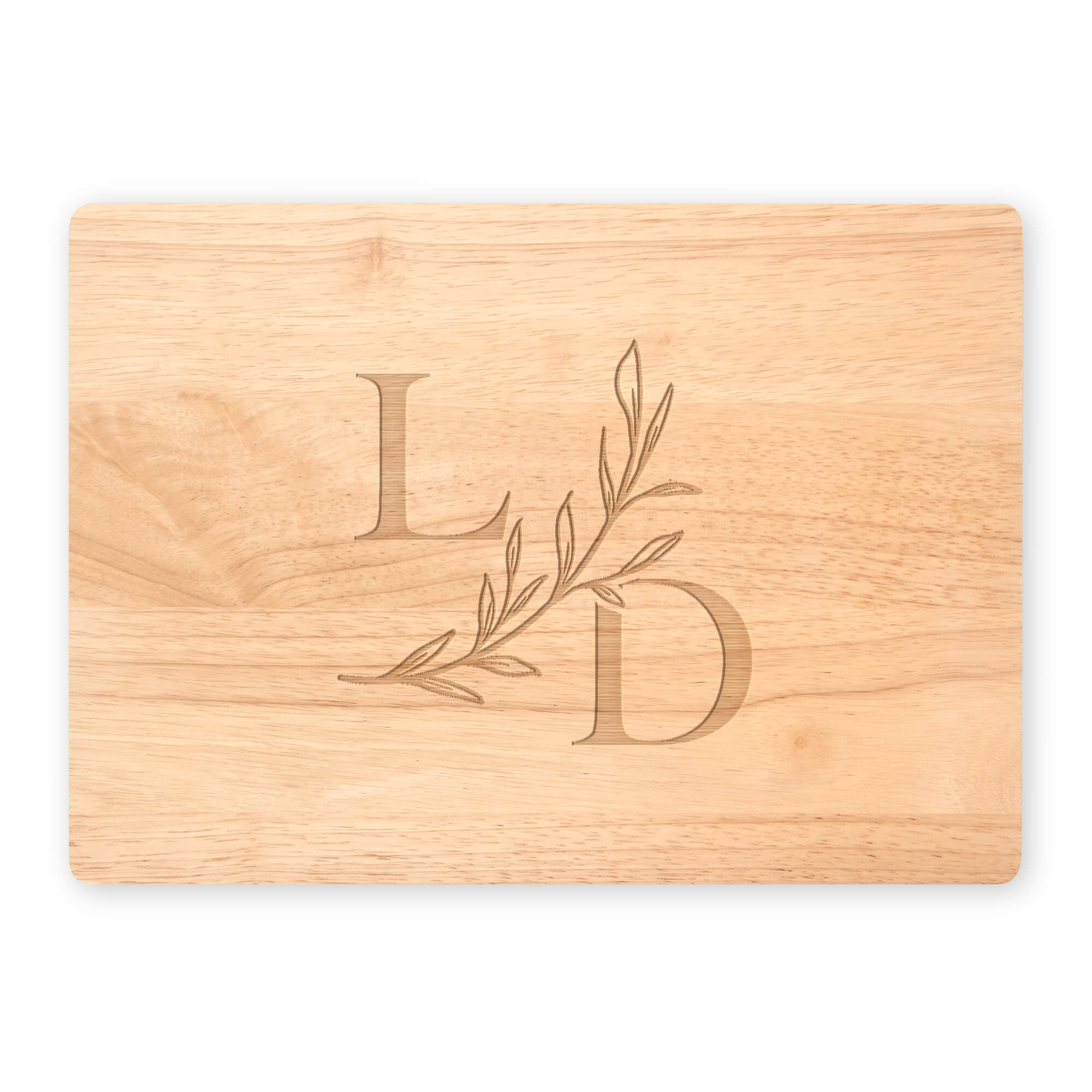 Maple cutting board with serif L and D initials and botanical branch on white background
