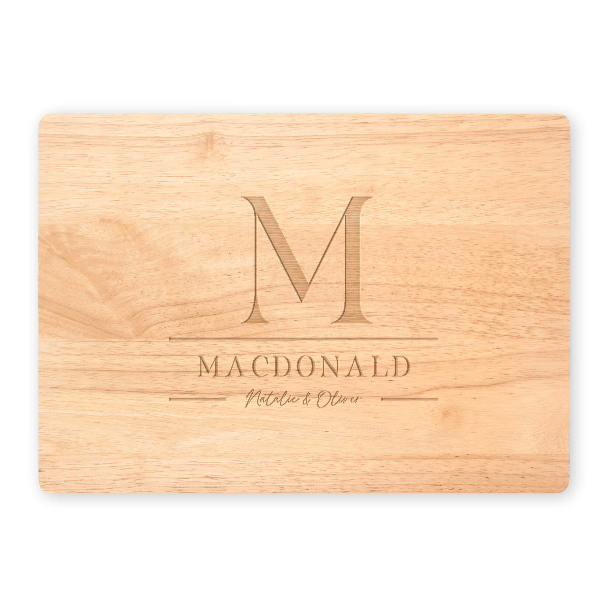 Maple cutting board featuring engraved M monogram, MacDonald family name, and script names Natalie & Oliver on white background