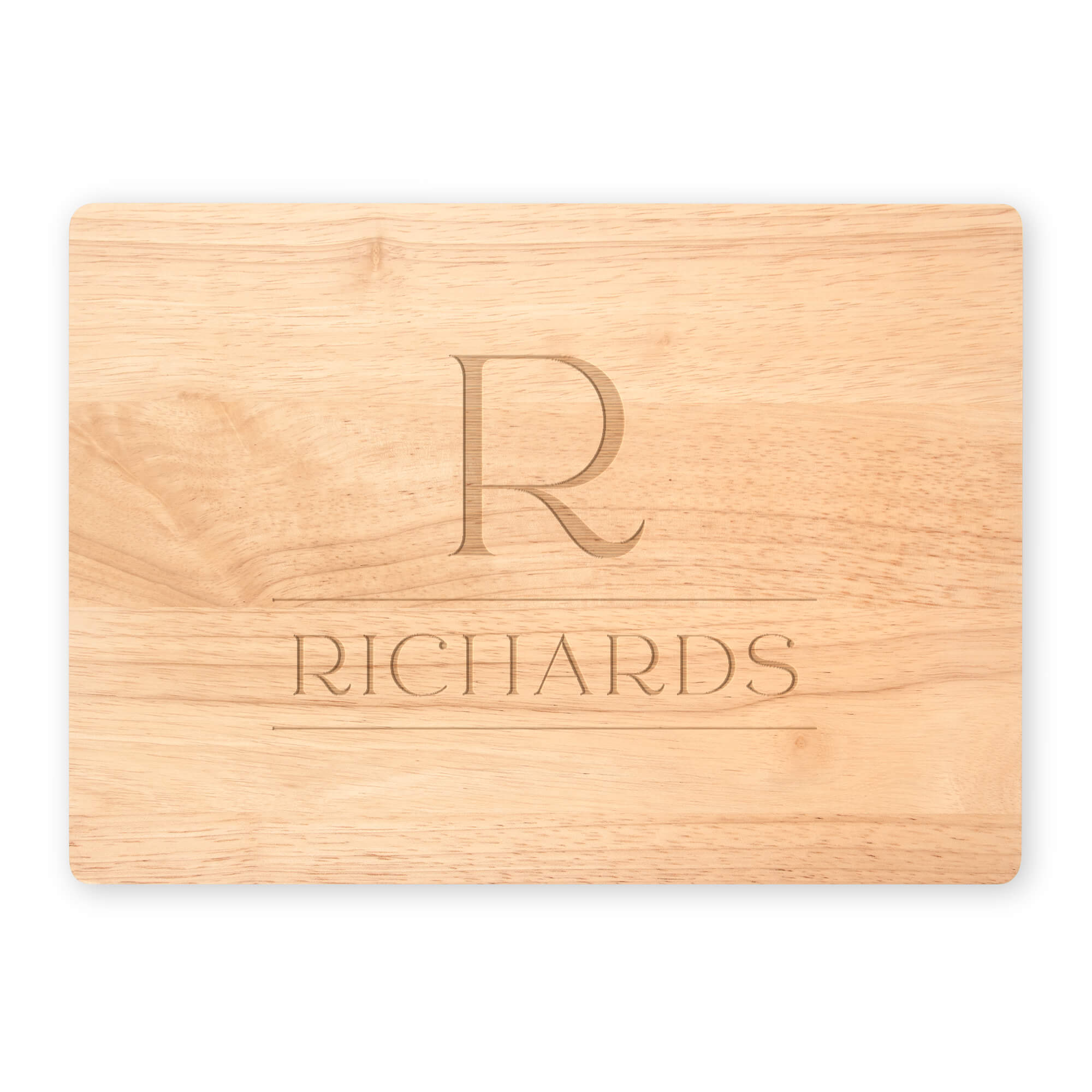Maple cutting board featuring serif R monogram and engraved Richards family name on white background