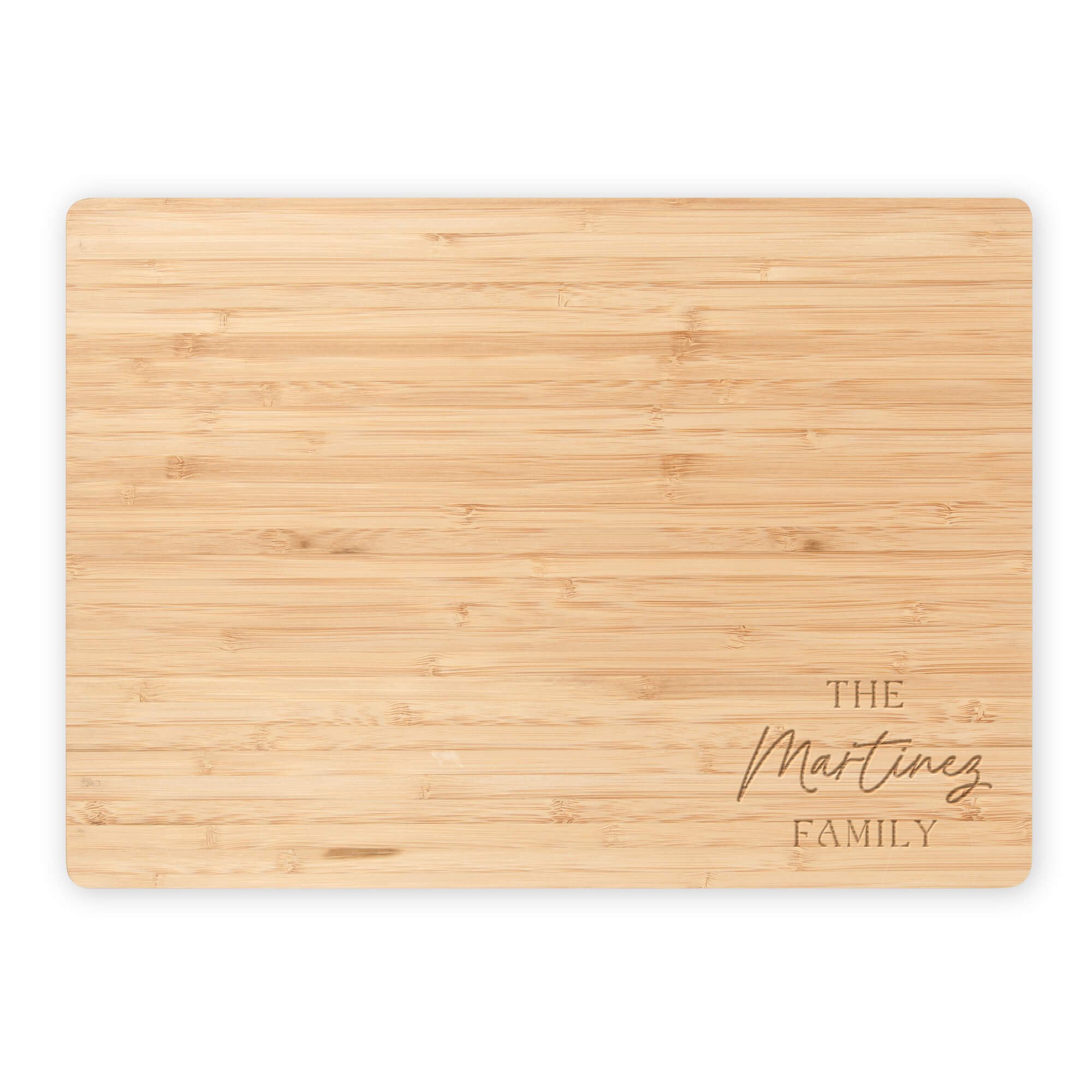 Custom Family Script Engraved Bamboo Cutting Board on white background