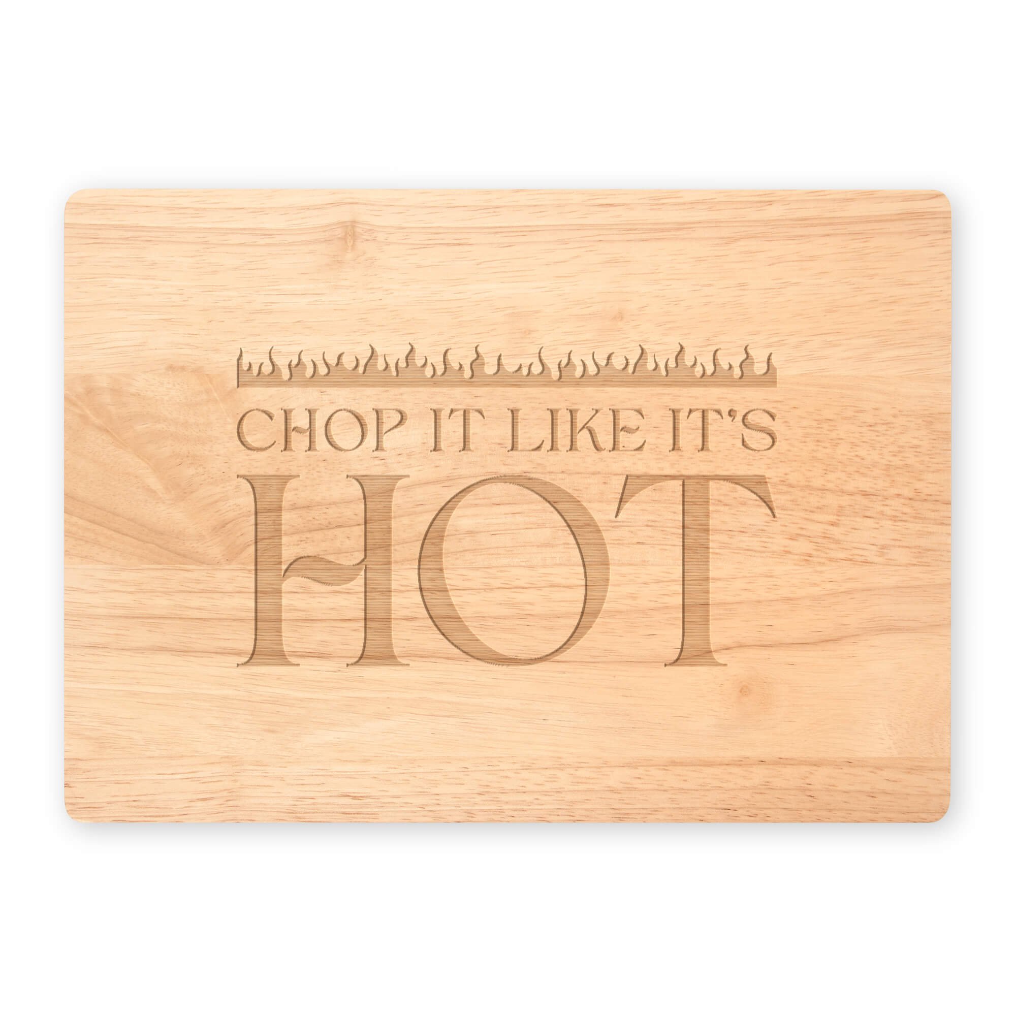 Personalized maple cutting board with the engraved phrase “Chop It Like It’s Hot.” Fun kitchen décor and unique gift for chefs and food enthusiasts.