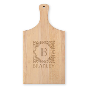 Square Frame Monogram Rubberwood Paddle Cutting Board Personalized Engraving on white background