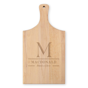 Engraved Paddle Monogram Cutting Board with Handle on white background