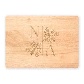 Maple cutting board with N | A split initials and floral branch on white background