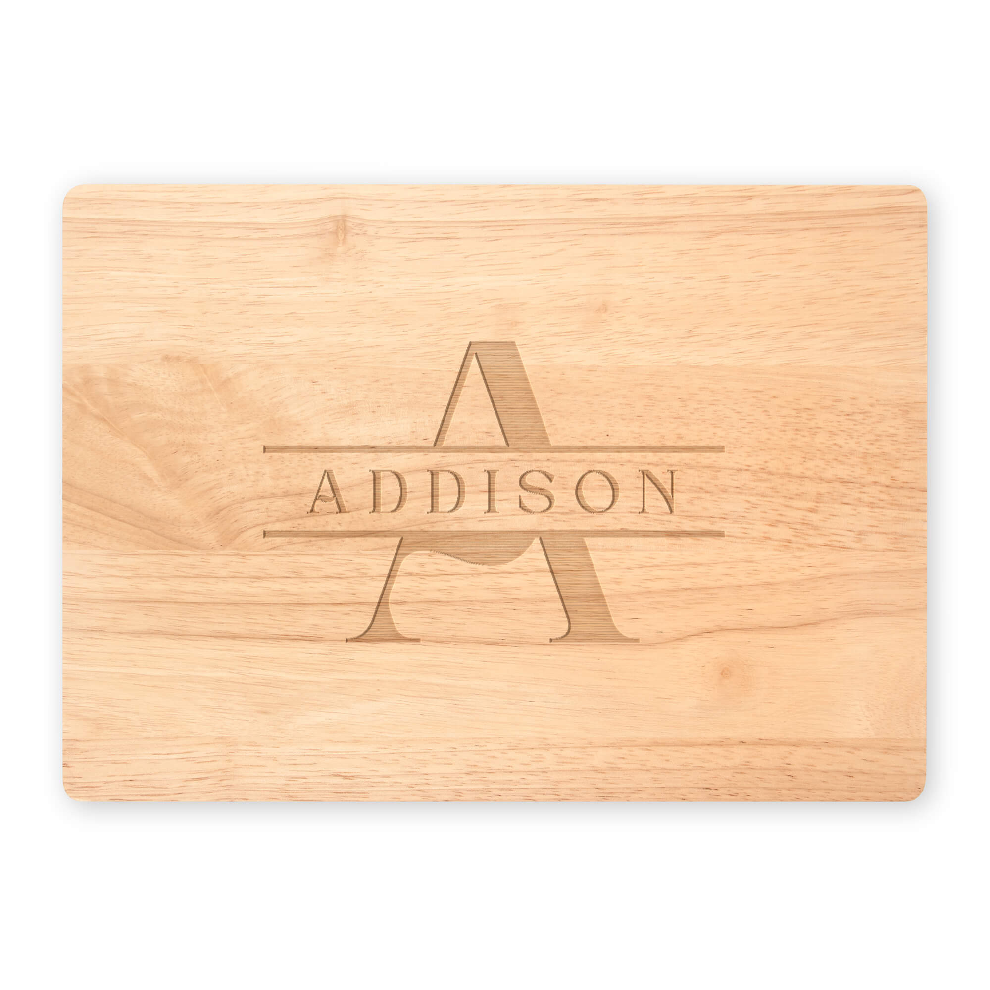 Maple cutting board with classic A and ADDISON monogram on white background
