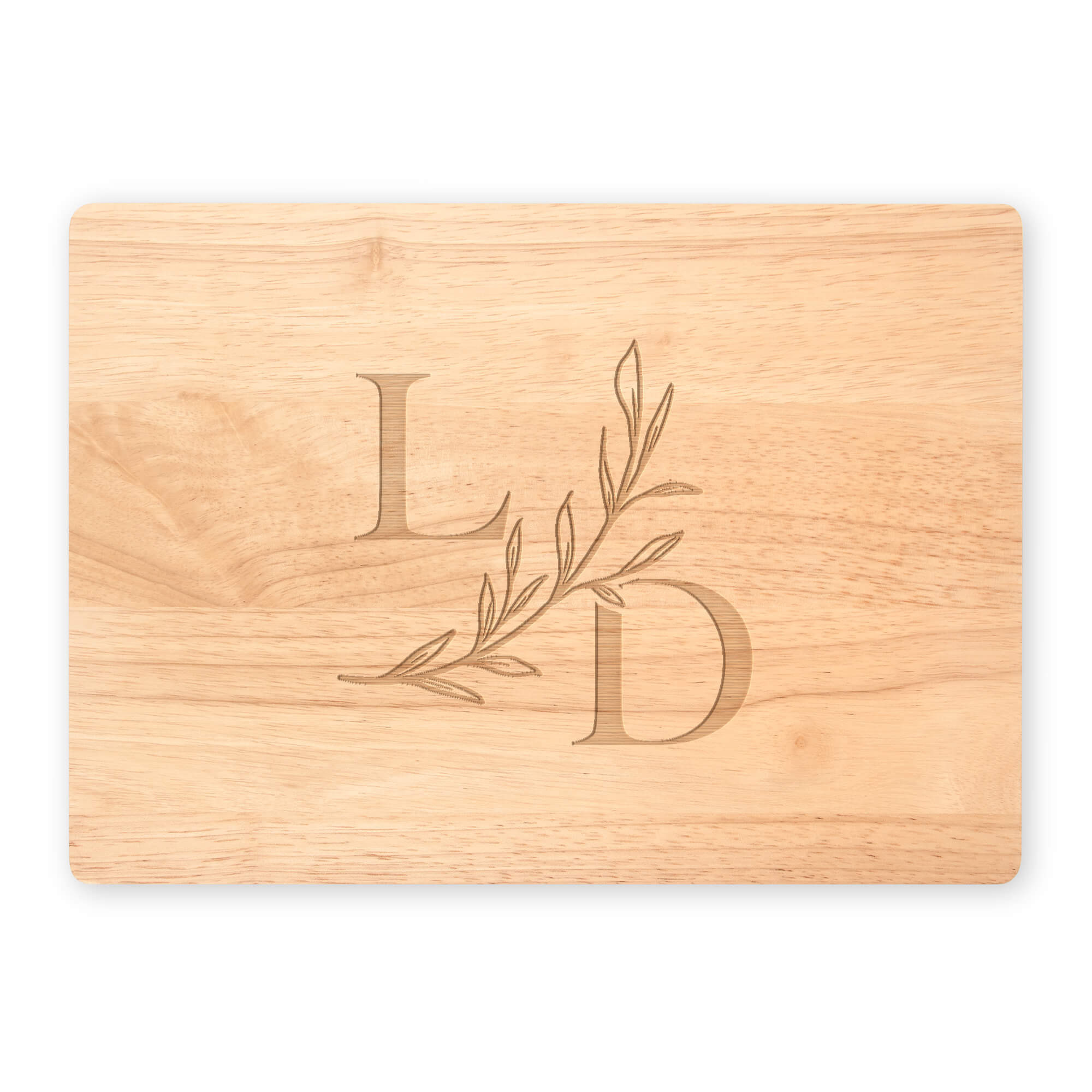 Maple cutting board with serif L and D initials and botanical branch on white background