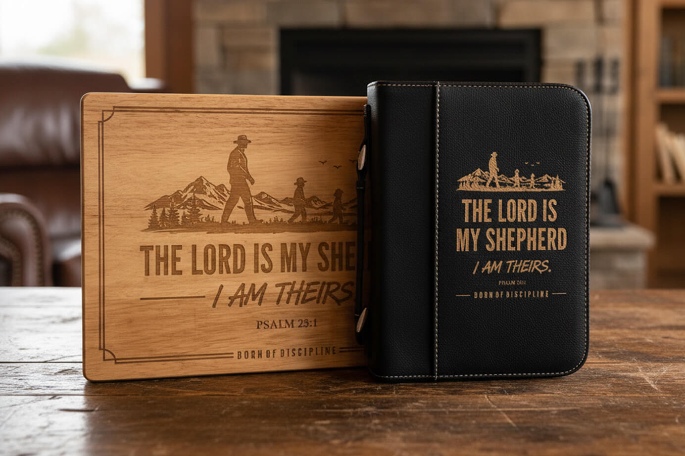 The Lord Is My Shepherd cutting board with matching Bible cover — AJ Buckley × 904 Custom