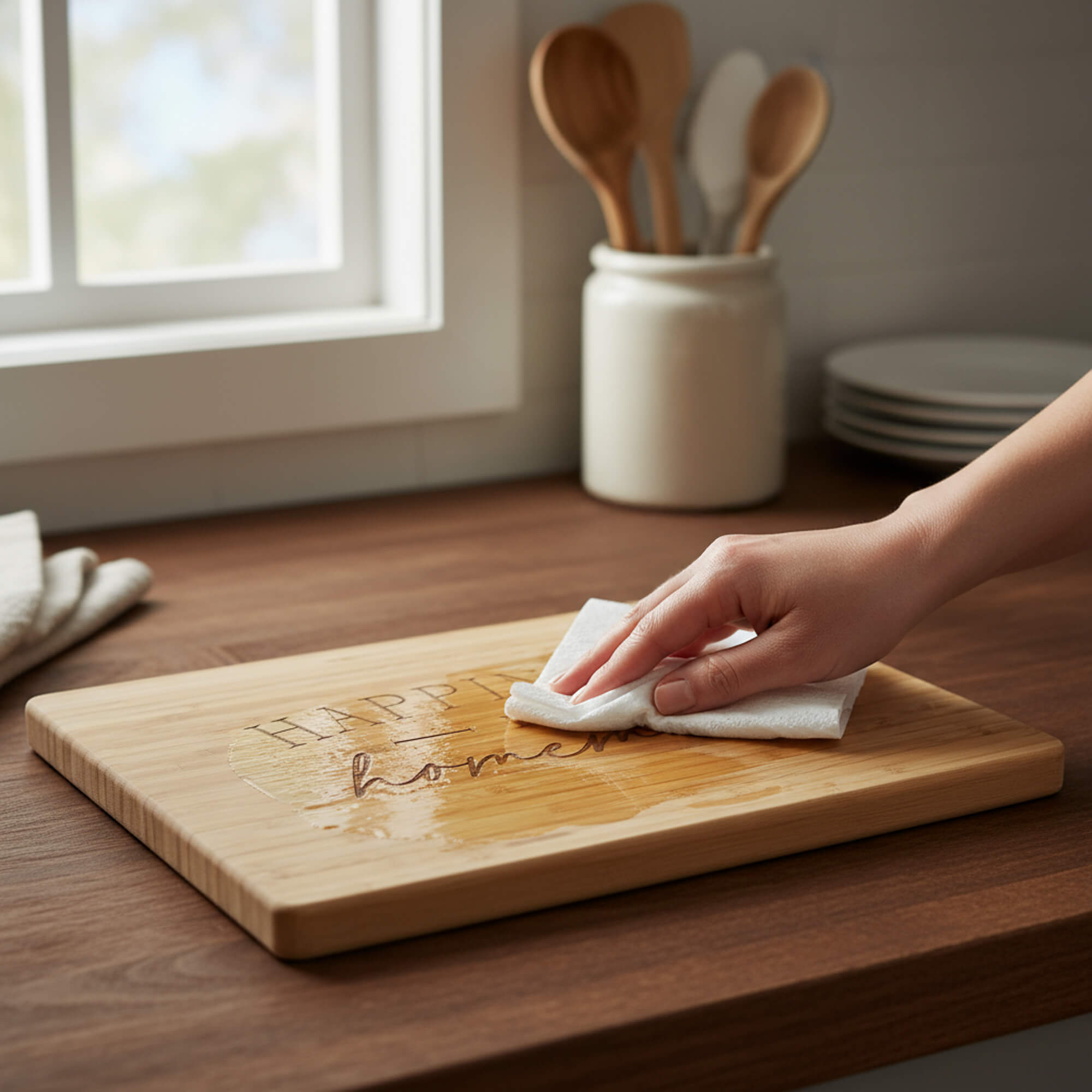 Close-up of hand refining a cutting board surface