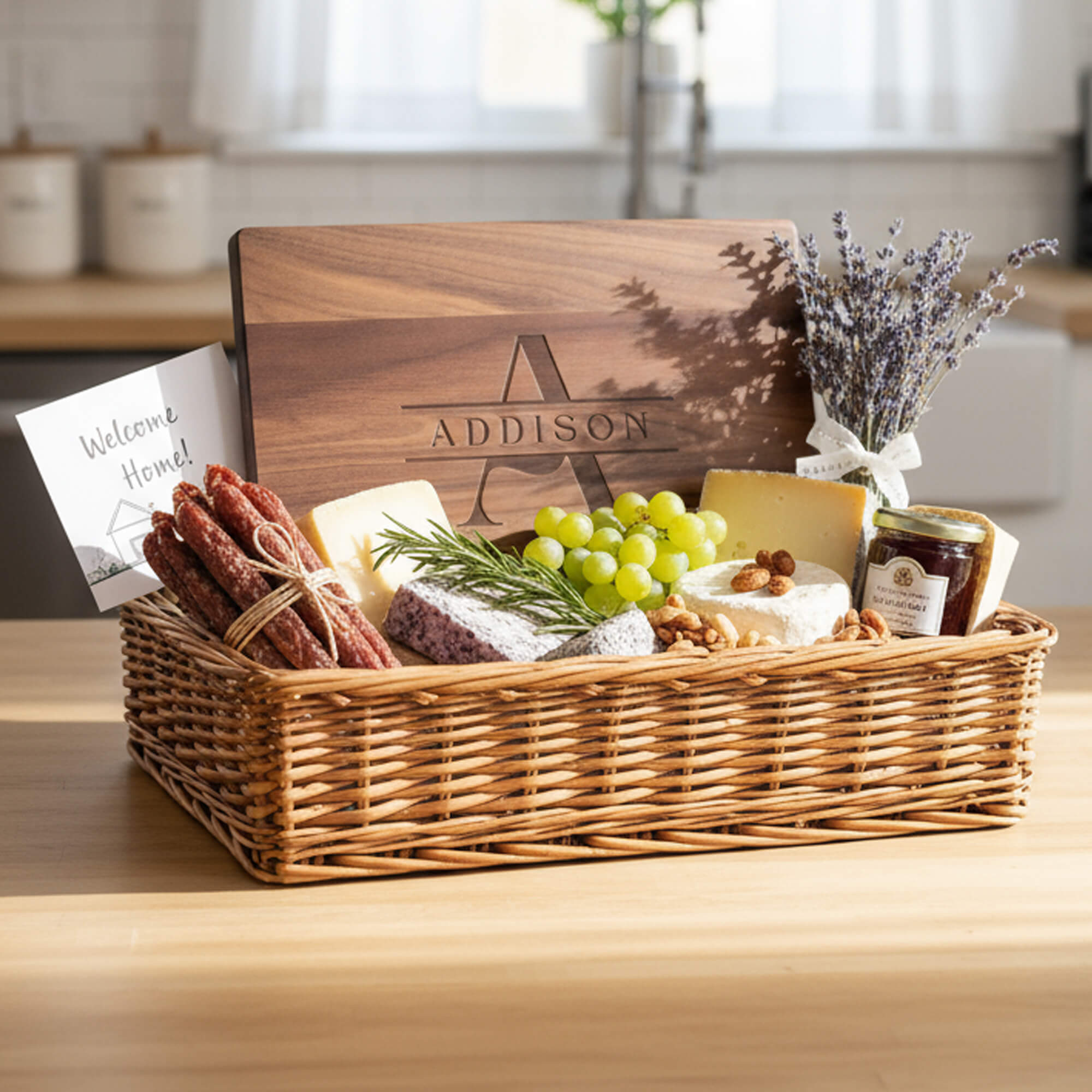 Maple housewarming cutting board engraved with family name and coordinates